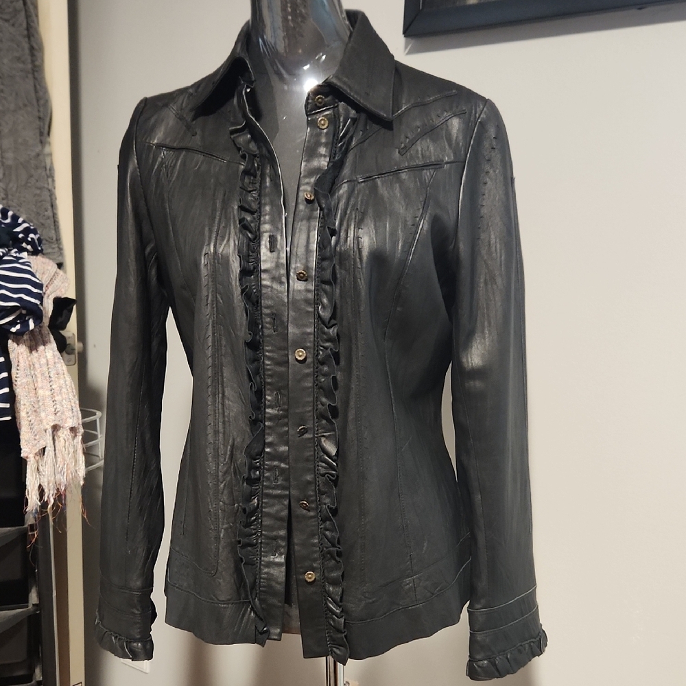 Peter Nygard Black Leather Jacket with Ruffle Trim